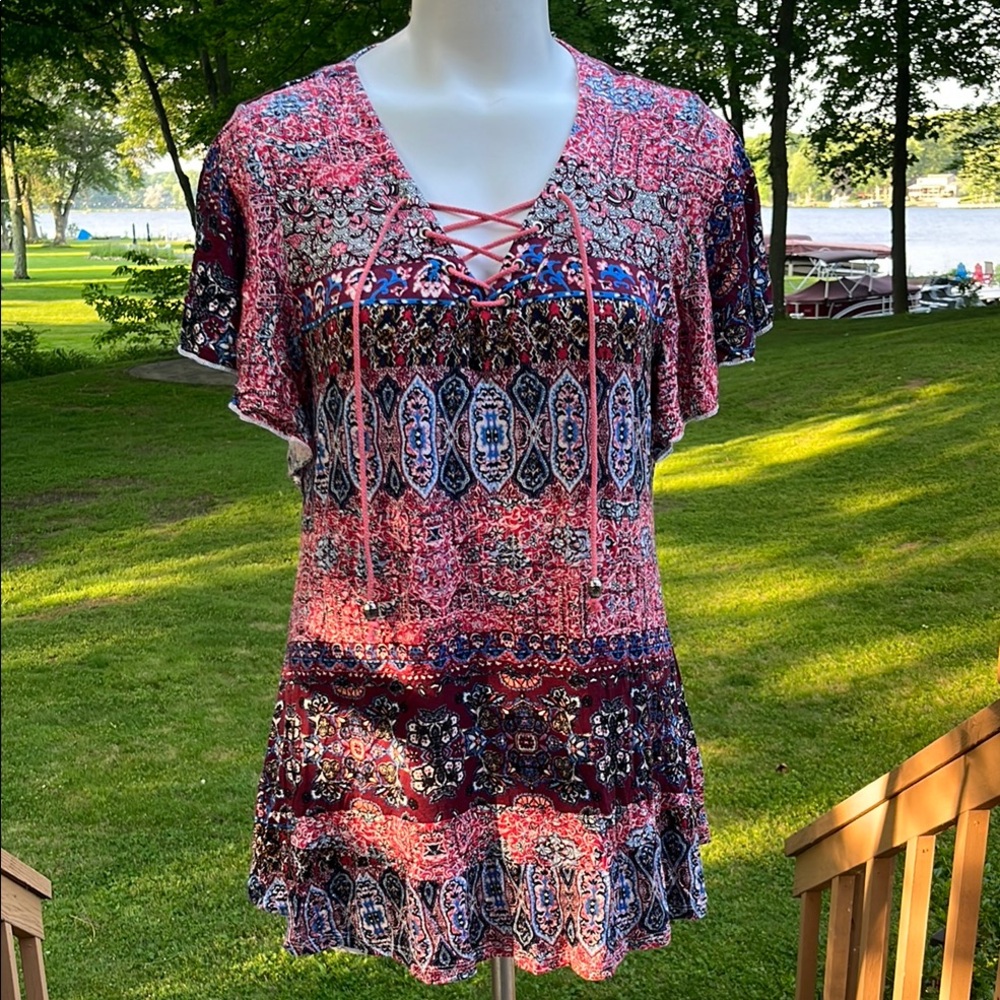 NWT ONE WORLD boho lace-up flutter sleeve top XL